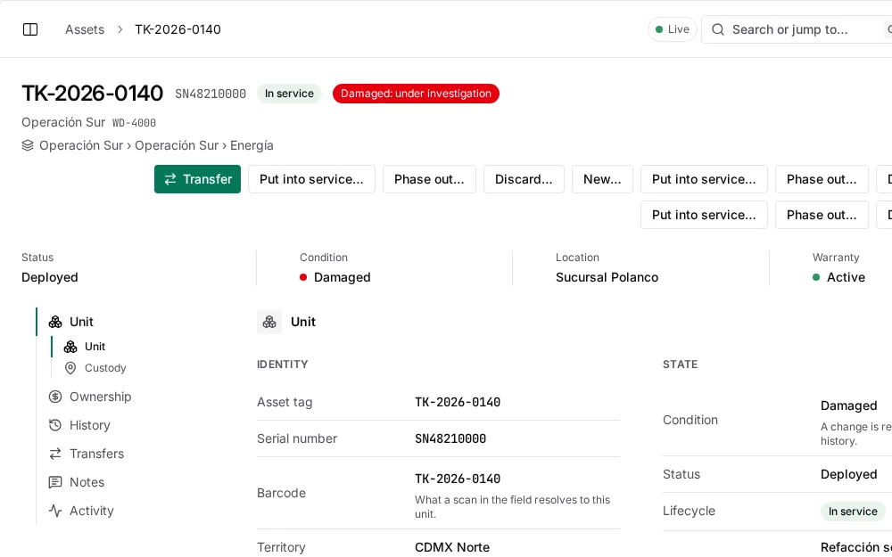 Consola de waydot: Cada unidad identificada
