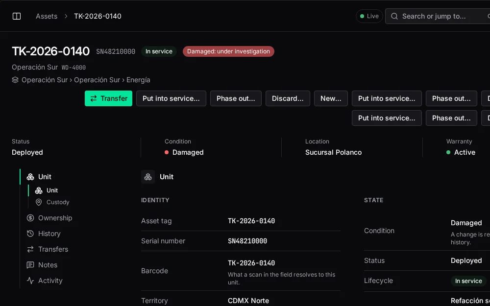 Consola de waydot: Cada unidad identificada