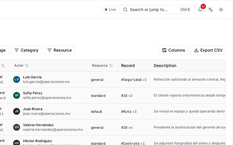 Consola de waydot: Consultada y exportada con rastro