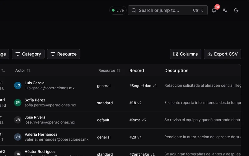 Consola de waydot: Consultada y exportada con rastro